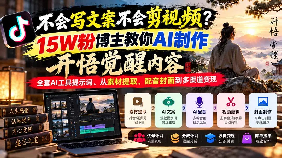 不会写文案不会剪视频？15W粉博主教你AI制作开悟觉醒内容，全套AI工具提示词、从素材提取、配音封面到多渠道变现