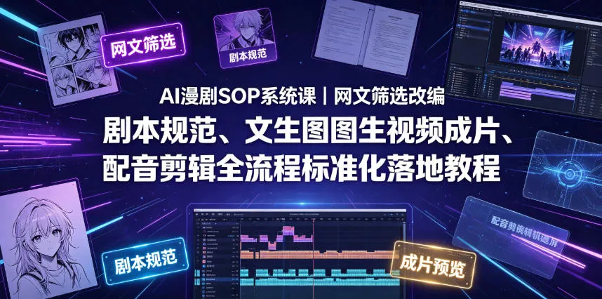 AI漫剧SOP系统课|网文筛选改编、剧本规范、文生图图生视频成片、配音剪辑全流程标准化落地教程(更新0810)
