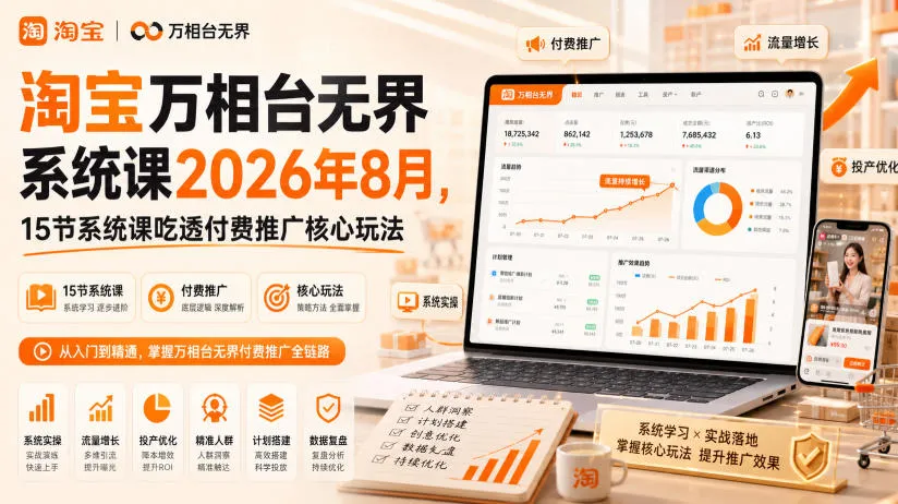 淘宝万相台无界系统课2026年8月,15节系统课吃透付费推广核心玩法