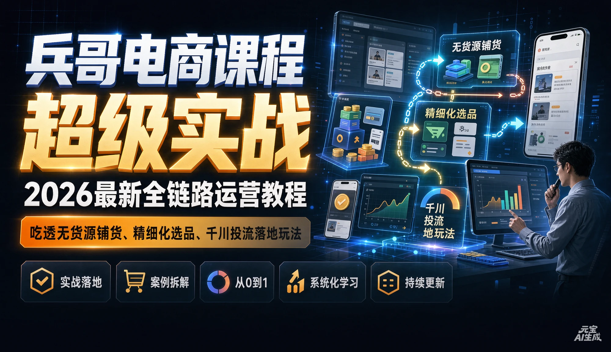【精】兵哥电商课程超级实战，2026最新全链路运营教程，吃透无货源铺货、精细化选品、千川投流落地玩法