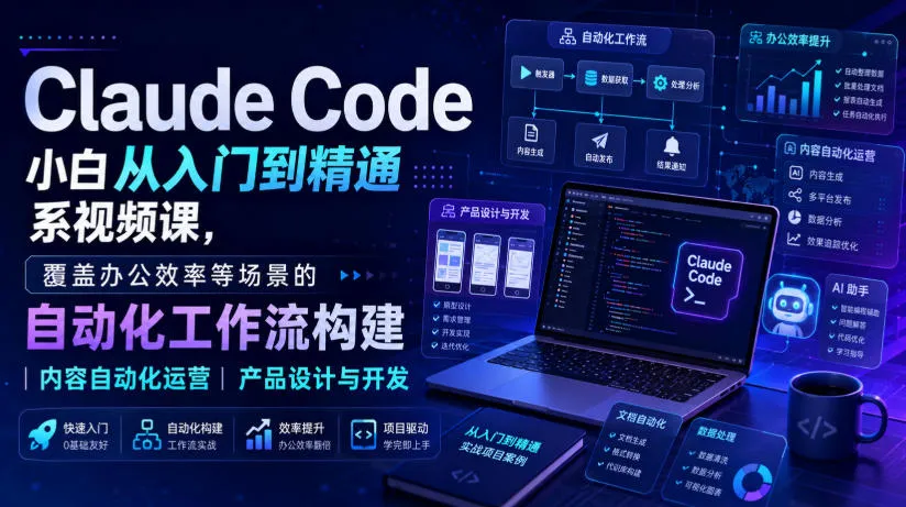 Claude Code小白从入门到精通系视频课,覆盖办公效率等场景的自动化工作流构建|内容自动化运营|产品设计与开发
