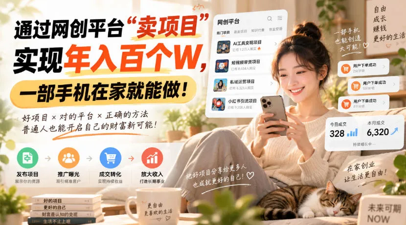 靠卖网创项目变现，一年拿下百万收益！一台手机就能操作！