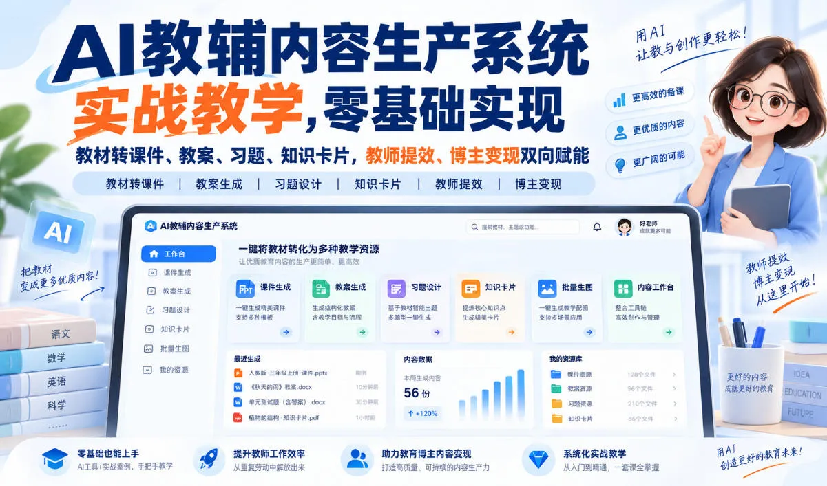 【无水印】AI教辅内容生产系统实战教学,零基础实现教材转课件、教案、习题、知识卡片,教师提效、博主变现双向赋能(更新0926)
