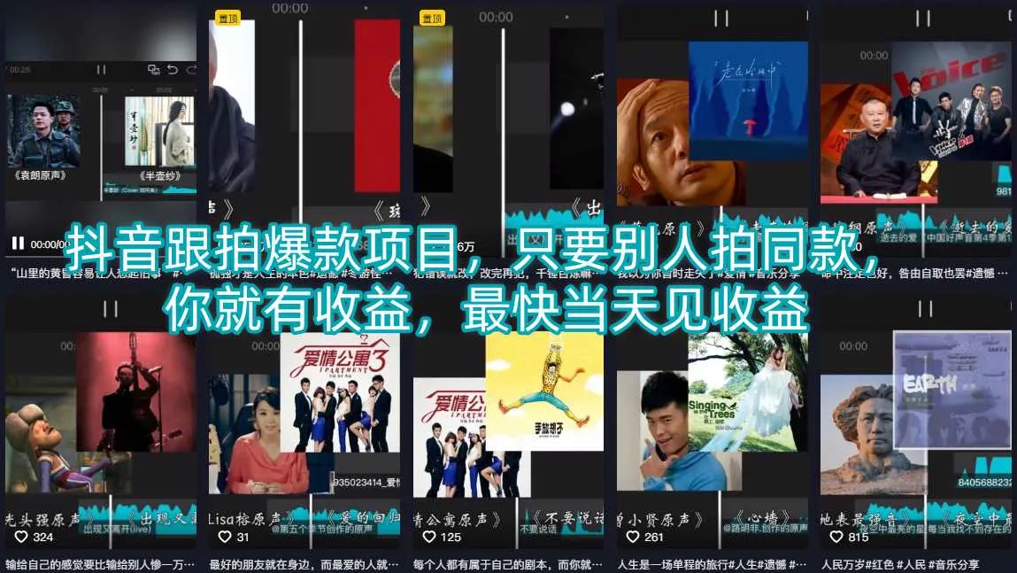 抖音跟拍爆款项目，只要别人拍同款，你就有收益，最快当天见收益