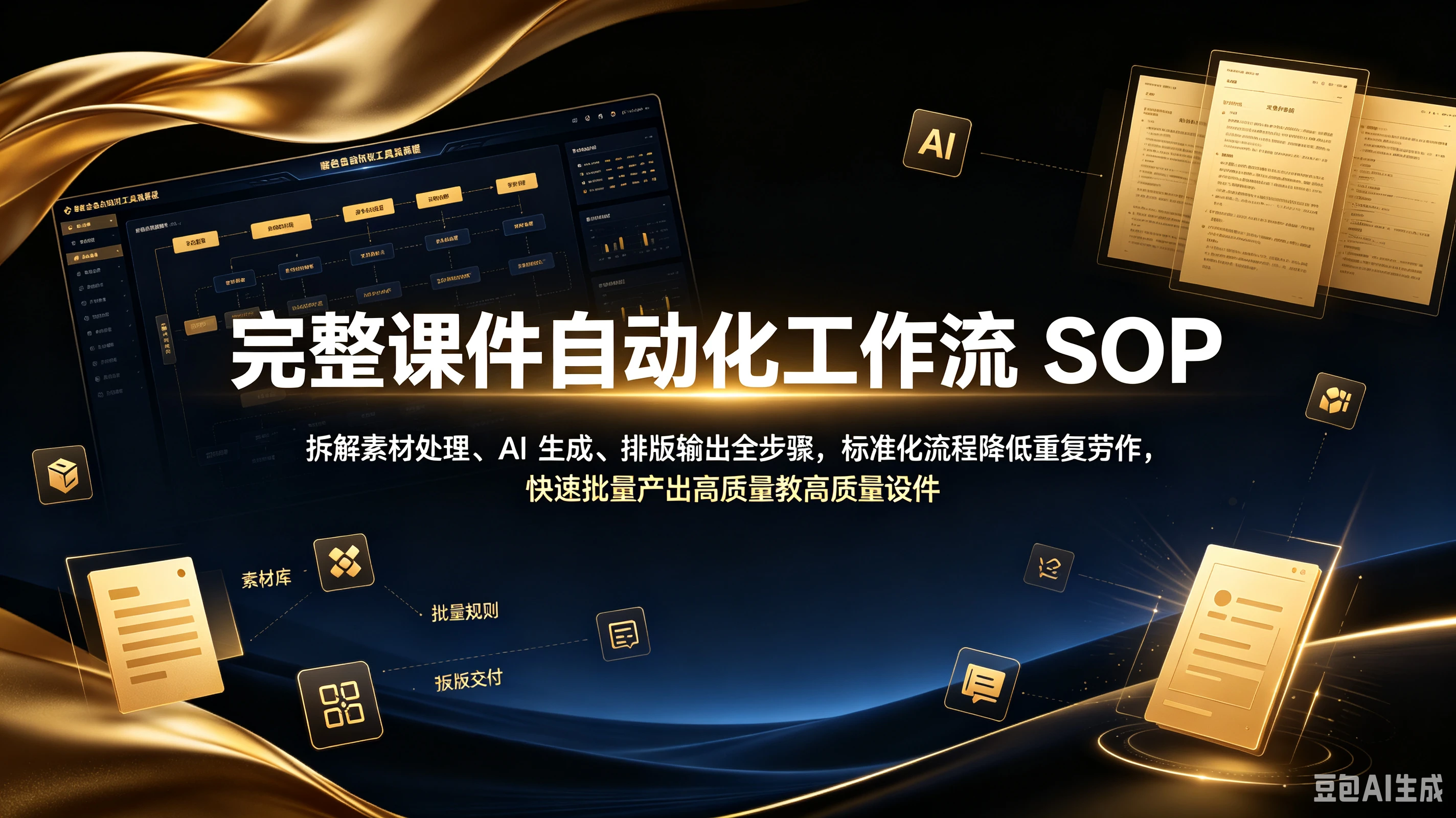 【精】完整课件自动化工作流 SOP，拆解素材处理、AI 生成、排版输出全步骤，标准化流程降低重复劳作，快速批量产出高质量教学课件。