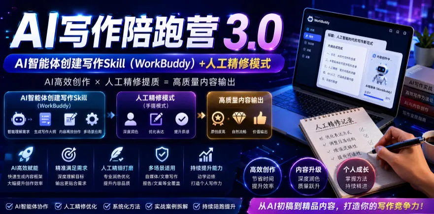 AI写作陪跑营3.0,Ai智能体创建写作skill(workbuddy)+人工手写模式(手搓模式),去除AI痕迹(头条号、公众号、百家号) AI写作陪跑营3.0,Ai智能体创建写作skill(workbuddy)+人工手写模式(手搓模式),去除AI痕迹(头条号、公众号、百家号)
