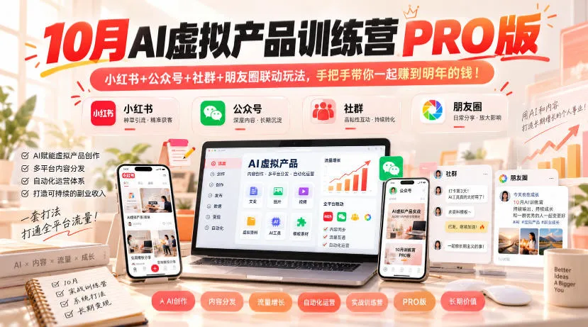 10月AI虚拟产品训练营PRO版，小红书+公众号+社群+朋友圈联动玩法，手把手带你一起赚到明年的钱！(更新1024)