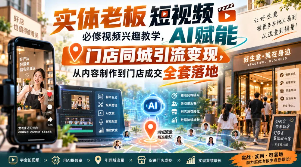 实体老板短视频必修视频兴趣教学,AI赋能门店同城引流变现,AI+短视频+直播打爆实体客流量
