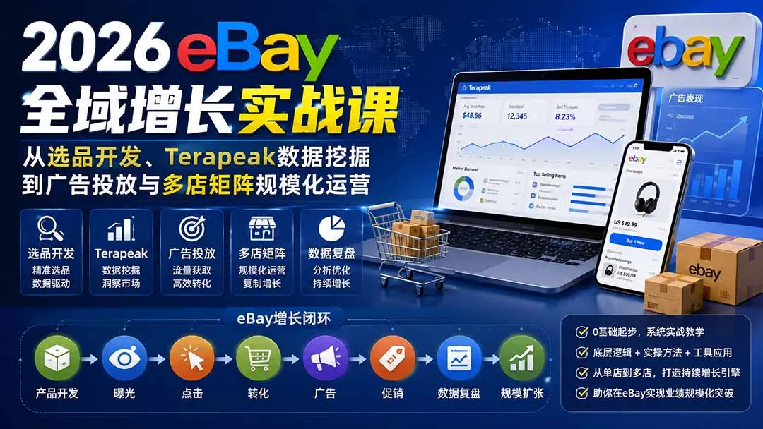 【精】2026Vincent eBay全域增长实战课：Terapeak选品开发与广告投放多店矩阵运营