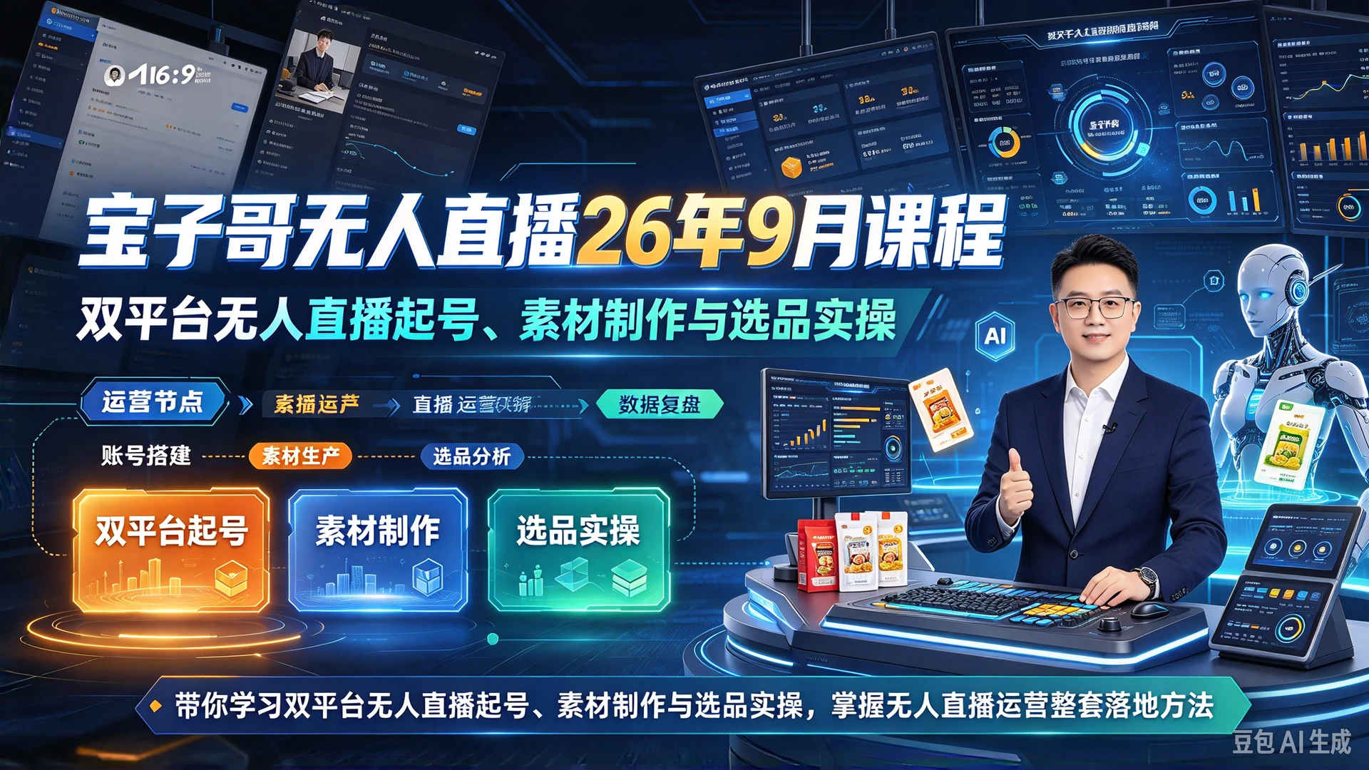 【精】宝子哥无人直播26年9月课程，带你学习双平台无人直播起号、素材制作与选品实操，掌握无人直播运营整套落地方法