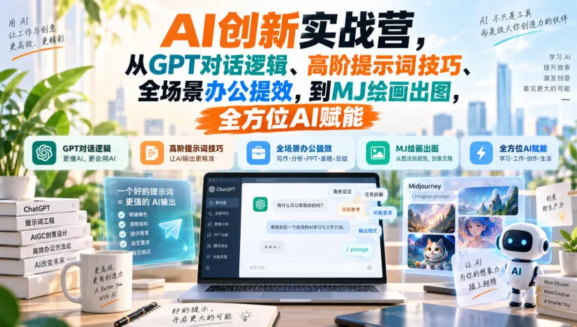 AI创新实战营,从GPT对话逻辑、高阶提示词技巧、全场景办公提效,到MJ绘画出图,全方位AI赋能