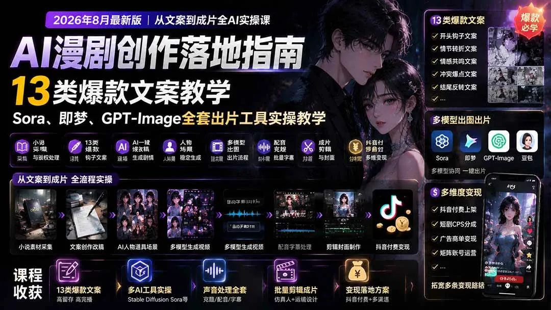 (19691期)AI漫剧创作落地指南|13类爆款文案教学,Sora、即梦、GPT-Image全套出片工具实操教学 (19691期)AI漫剧创作落地指南|13类爆款文案教学,Sora、即梦、GPT-Image全套出片工具实操教学