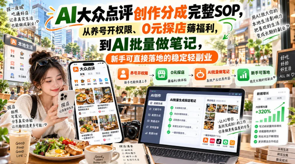 【无水印】AI大众点评创作分成完整SOP，从养号开权限、0元探店薅福利，到AI批量做笔记，新手可直接落地的稳定轻副业