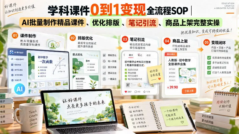 学科课件0到1变现全流程SOP|AI批量制作精品课件、优化排版、笔记引流、商品上架完整实操