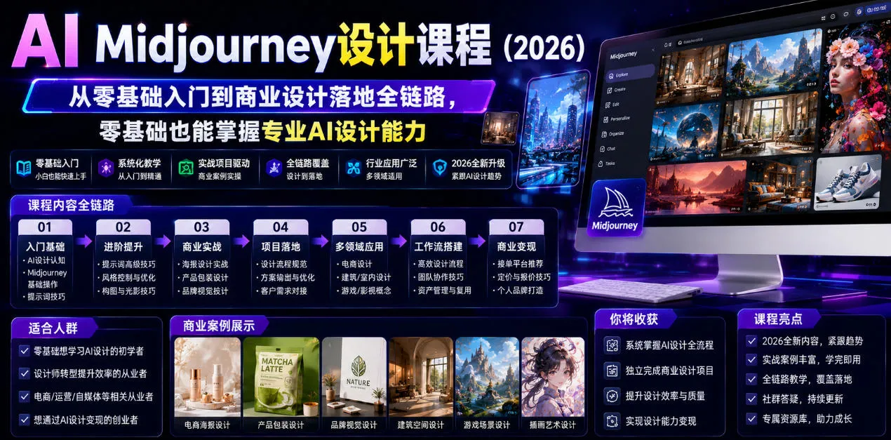 AI Midjourney设计课程(2026),从零基础入门到商业设计落地全链路,零基础也能掌握专业AI设计能力(更新0913)