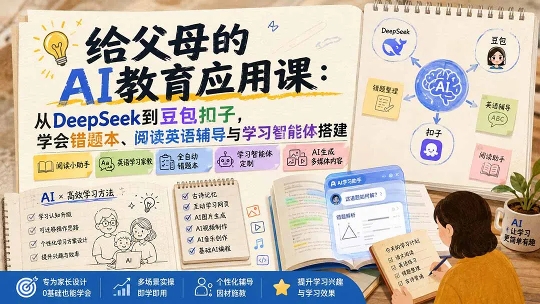 给父母的AI教育应用课：从DeepSeek到豆包扣子，学会错题本、阅读英语辅导与学习智能体搭建