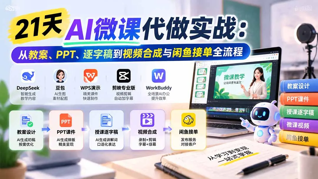 21天AI微课代做实战：从教案、PPT、逐字稿到视频合成与闲鱼接单全流程
