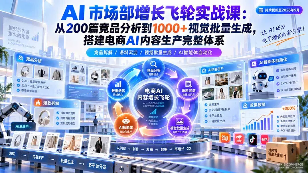 AI 市场部增长飞轮实战课：从200篇竞品分析到1000+视觉批量生成，搭建电商AI内容生产完整体系
