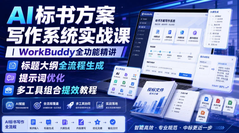 【精】AI标书方案写作系统实战课｜WorkBuddy全功能精讲・标题大纲全流程生成・提示词优化・多工具组合提效教程