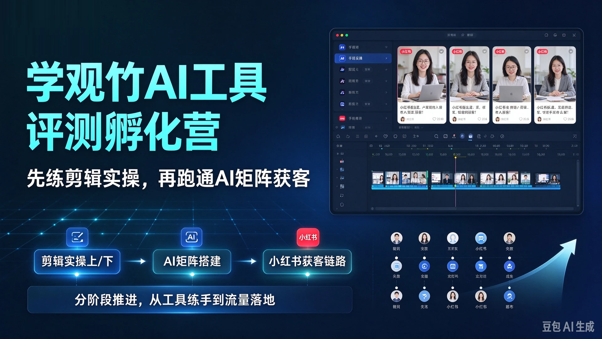 【精】学观竹AI工具评测孵化营第二期, 先练剪辑实操上/下, 再走AI矩阵小红书获客链路, 分阶段推进