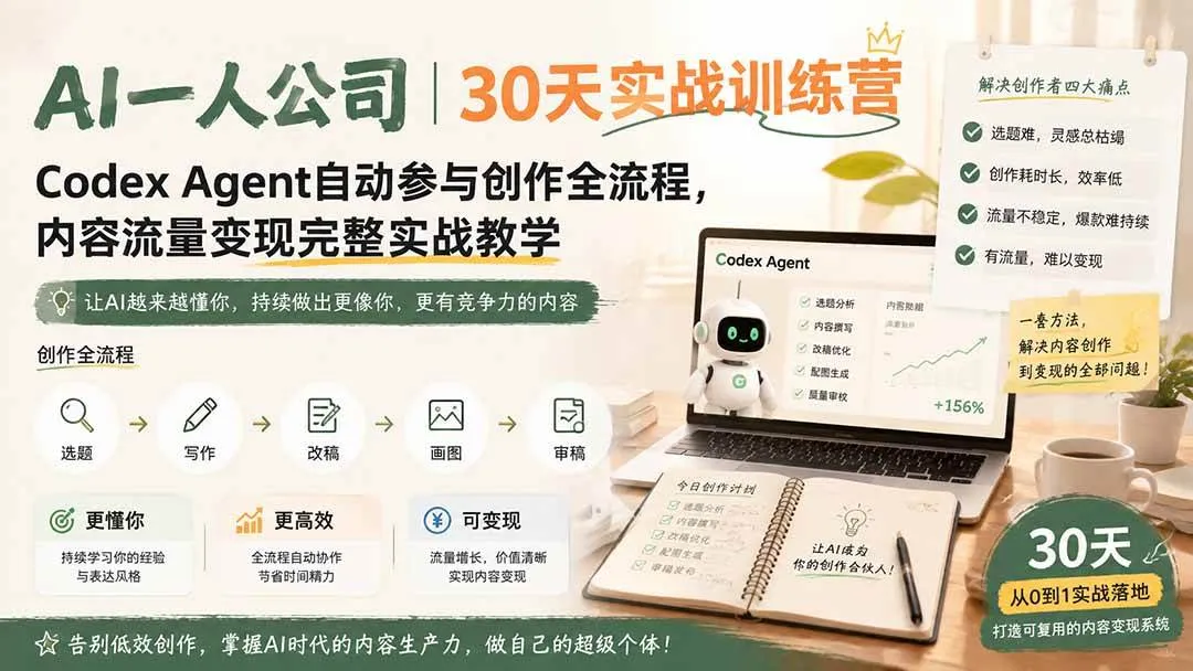 (19812期)AI一人公司|30天实战训练营;Codex Agent自动参与创作全流程,内容流量变现完整实战教学 (19812期)AI一人公司|30天实战训练营;Codex Agent自动参与创作全流程,内容流量变现完整实战教学