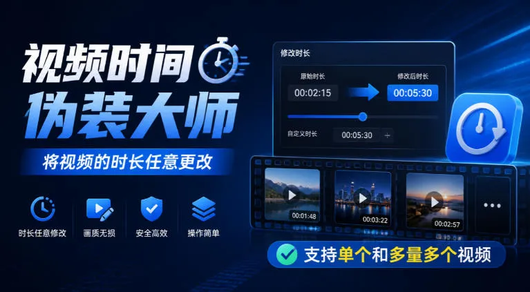 视频时间伪装大师,将视频的时长任意更改,支持单个和多量多个视频
