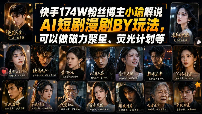 快手174W粉丝博主小瑜解说AI短剧漫剧搬运玩法,可以做磁力聚星、荧光计划等