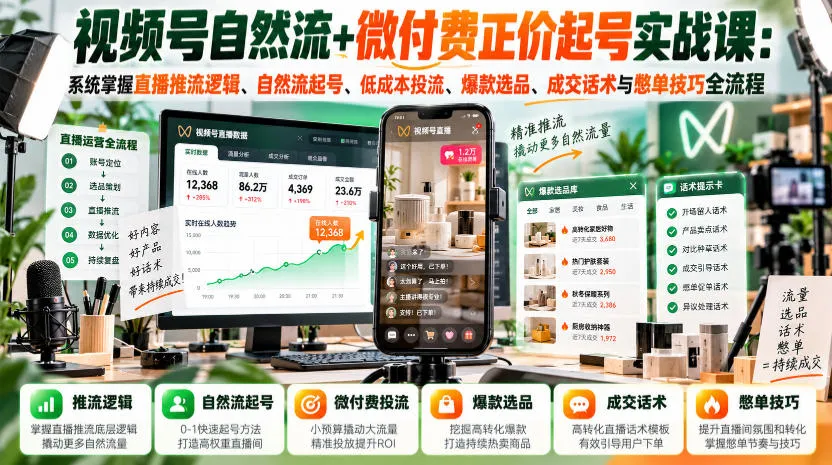 视频号自然流+微付费正价起号实战课:系统掌握直播推流逻辑、自然流起号、低成本投流、爆款选品、成交话术与憋单技巧全流程