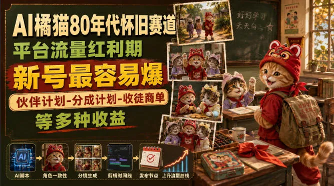 AI橘猫80年代怀旧赛道,平台流量红利期,新号最容易爆,伙伴计划-分成计划-收徒商单等多种收益