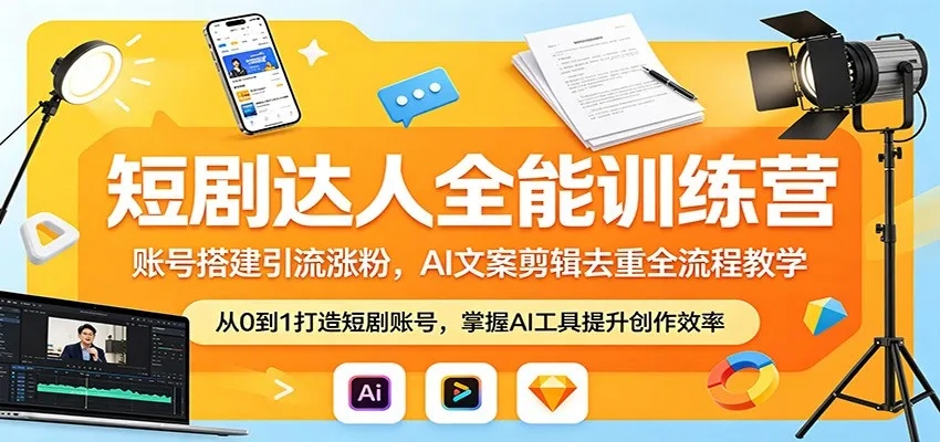 短剧达人全能训练营：账号搭建引流涨粉，AI 文案剪辑去重全流程教学
