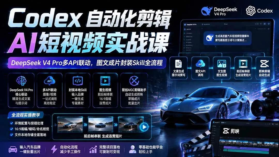 （19711期）Codex自动化剪辑AI短视频实战课｜DeepSeek V4 Pro多API联动，图文成片封装Skill全流程