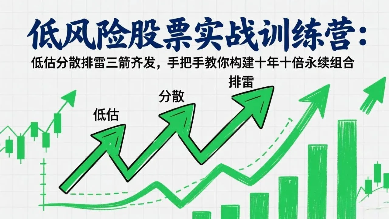 【精】低风险股票实战训练营：低估分散排雷三箭齐发，手把手教你构建十年十倍永续组合