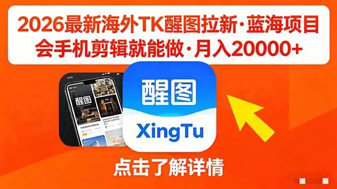 （18112期）26年最新海外Tk醒图拉新，蓝海项目，会手机剪辑就可以做，月入20000＋