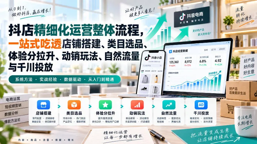 【精】李哥电商-抖店精细化运营整体流程，一站式吃透店铺搭建、类目选品、体验分拉升、动销玩法、自然流量与千川投放