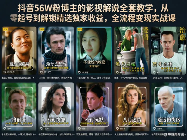 【精】抖音56W粉博主的影视解说全套教学，从零起号到解锁精选独家收益，全流程变现实战课