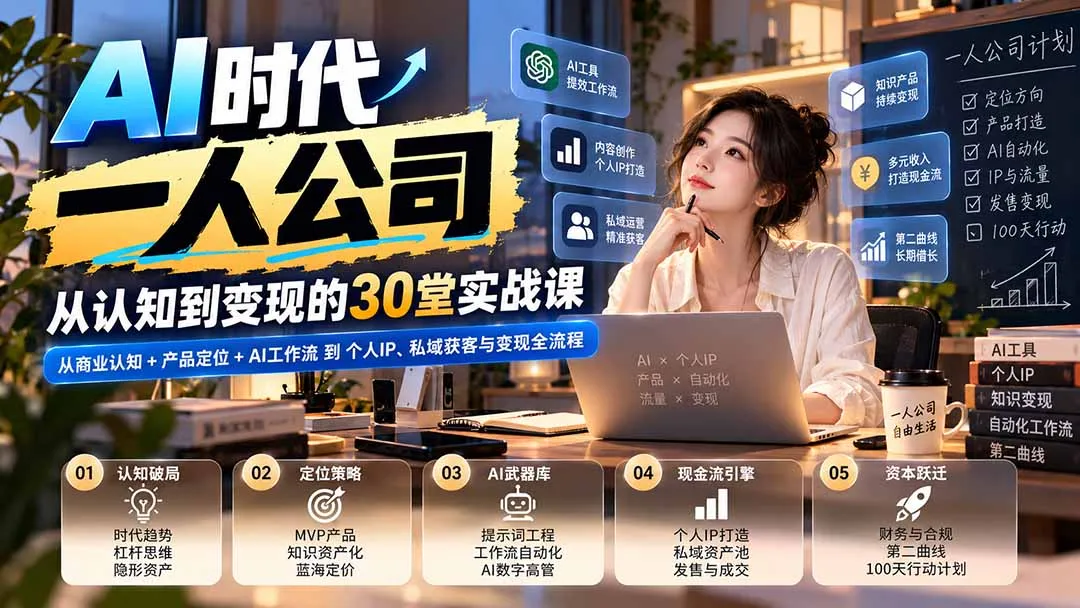【无水印】AI时代一人公司30堂实战课：从商业认知+产品定位+AI工作流到个人IP、私域获客与变现全流程