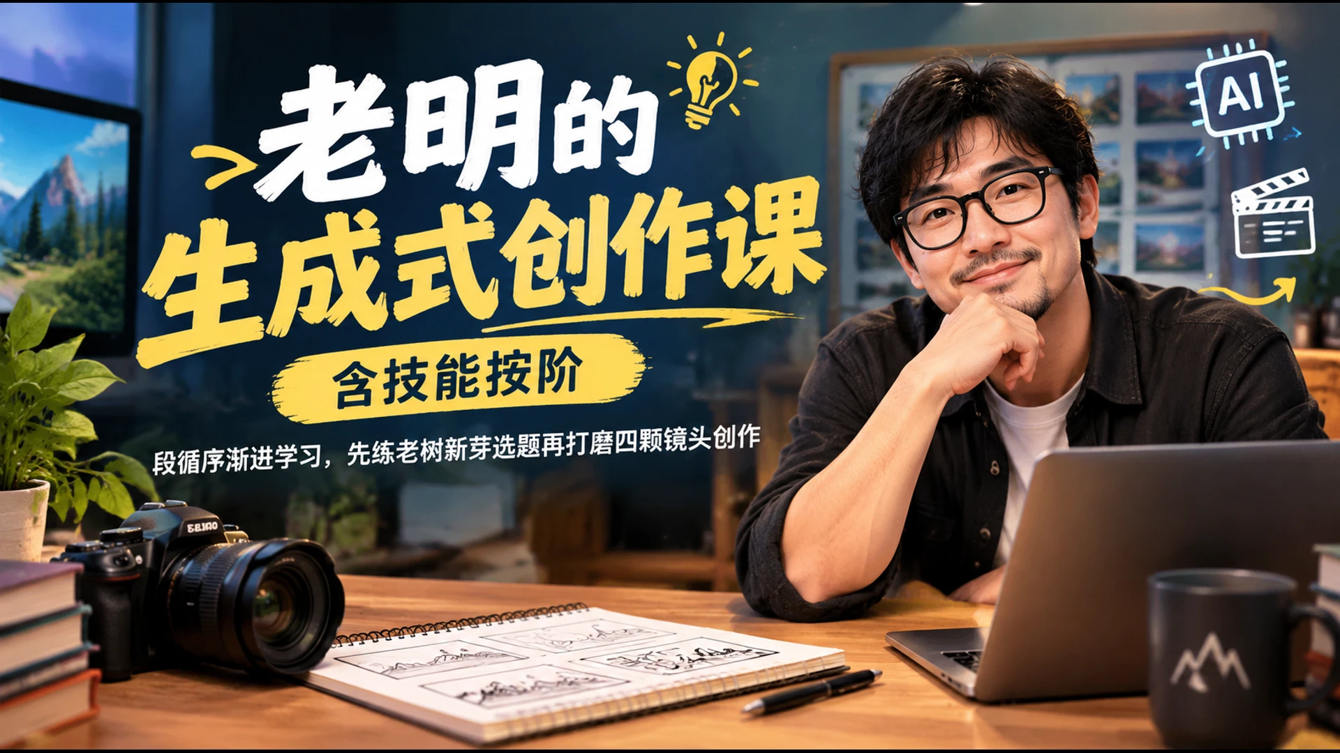 【精】老明的生成式创作课含技能按阶段循序渐进学习，先练老树新芽选题再打磨四颗镜头创作