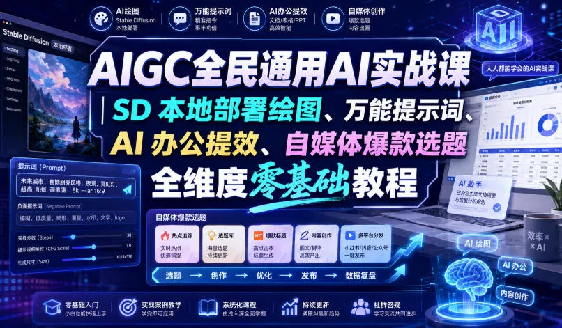AIGC全民通用AI实战课|SD本地部署绘图、万能提示词、AI办公提效、自媒体爆款选题全维度零基础教程 AIGC全民通用AI实战课|SD本地部署绘图、万能提示词、AI办公提效、自媒体爆款选题全维度零基础教程