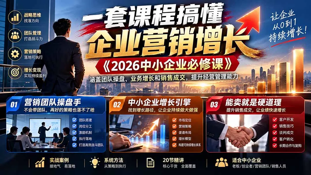 一套课程搞懂企业营销增长《2026中小企业必修课》涵盖团队操盘、业务增长和销售成交，提升经营管理能力