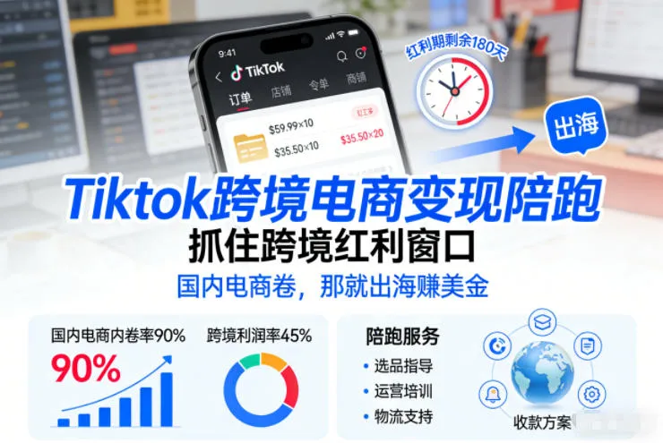 Tiktok跨境电商变现陪跑,抓住跨境红利窗口,国内电商卷,那就出海賺美金 Tiktok跨境电商变现陪跑,抓住跨境红利窗口,国内电商卷,那就出海賺美金