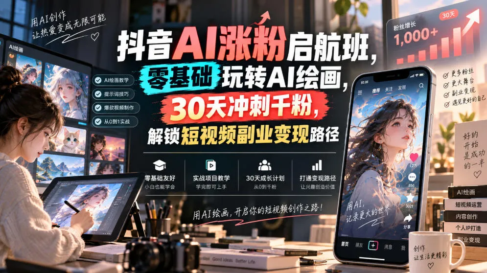 抖音AI涨粉启航班,零基础玩转AI绘画,30天冲刺千粉,解锁短视频副业变现路径
