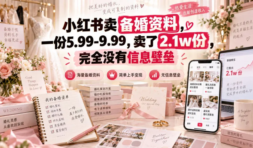 小红书卖备婚资料,一份5.99-9.99,卖了2.1w份,完全没有信息壁垒