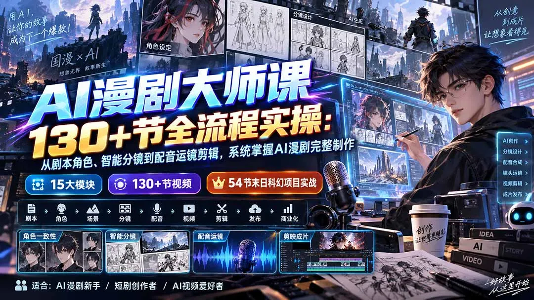 AI漫剧大师课130+节全流程实操：从剧本角色、智能分镜到配音运镜剪辑，系统掌握AI漫剧完整制作